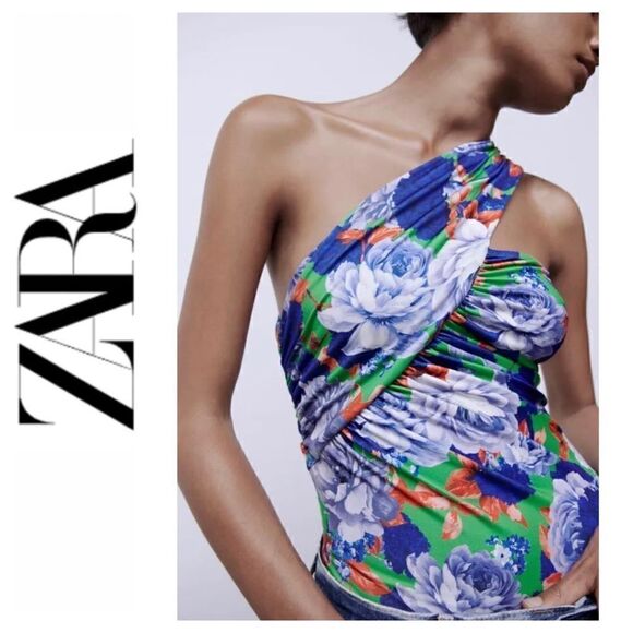 NWT Zara Floral Print Asymmetrical Neckline Draped Bodysuit - Picture 1 of 16
